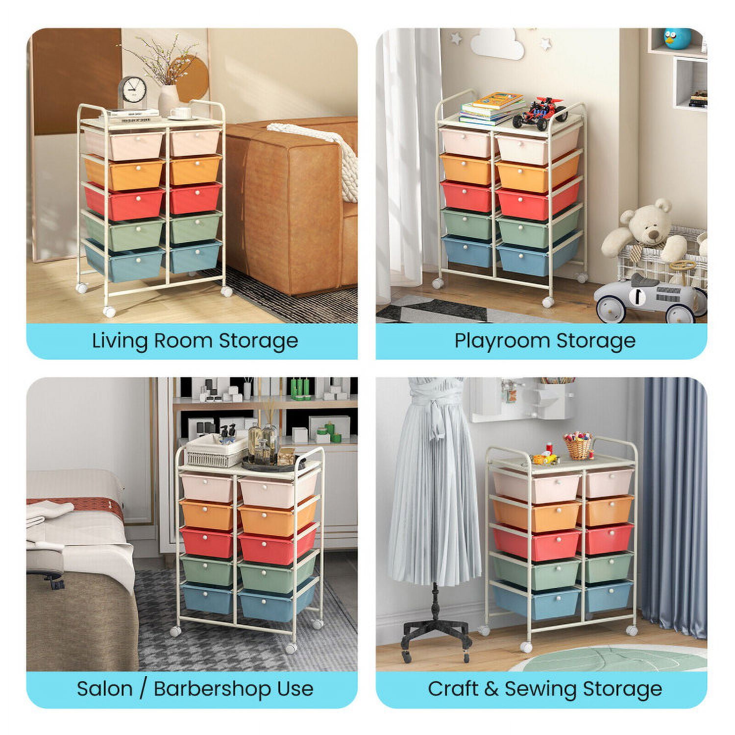 Spaco 10-Drawer Rolling Storage Cart-Multicolor, Craft Organizers and Storage, Multipurpose Organizer Cart for Home, Office, School