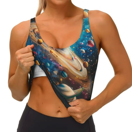 Qokaie Colorful Planet Universe Pattern Womens Scoop Neck Sports Bra Breathable Workout Vest Padded U Back Medium Impact Fitness Gym Yoga Bra Workout Crop Top