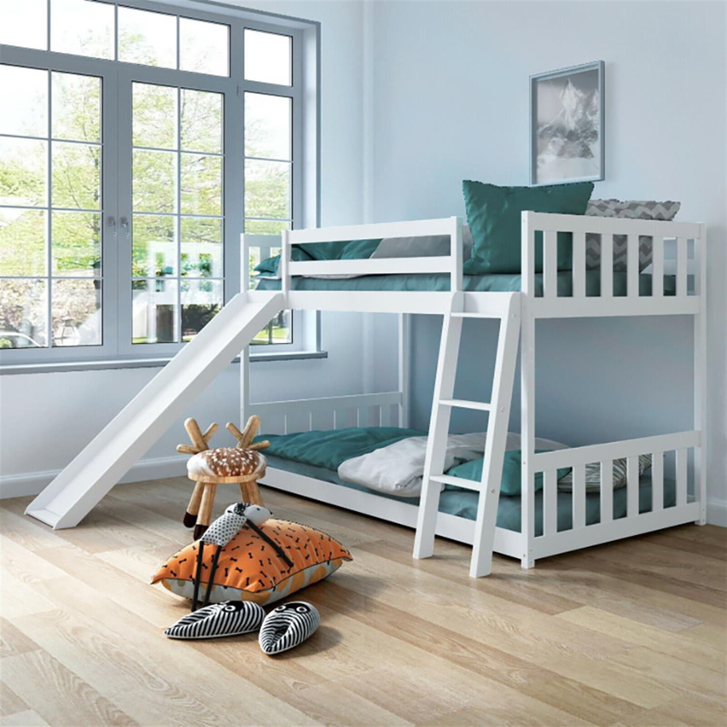 Demi Bonn Twin Over Twin Bunk Bed with High Guardrails and Slide Ladder, Twin Bunk Solid Wood Low Beds, Bed Frame, White