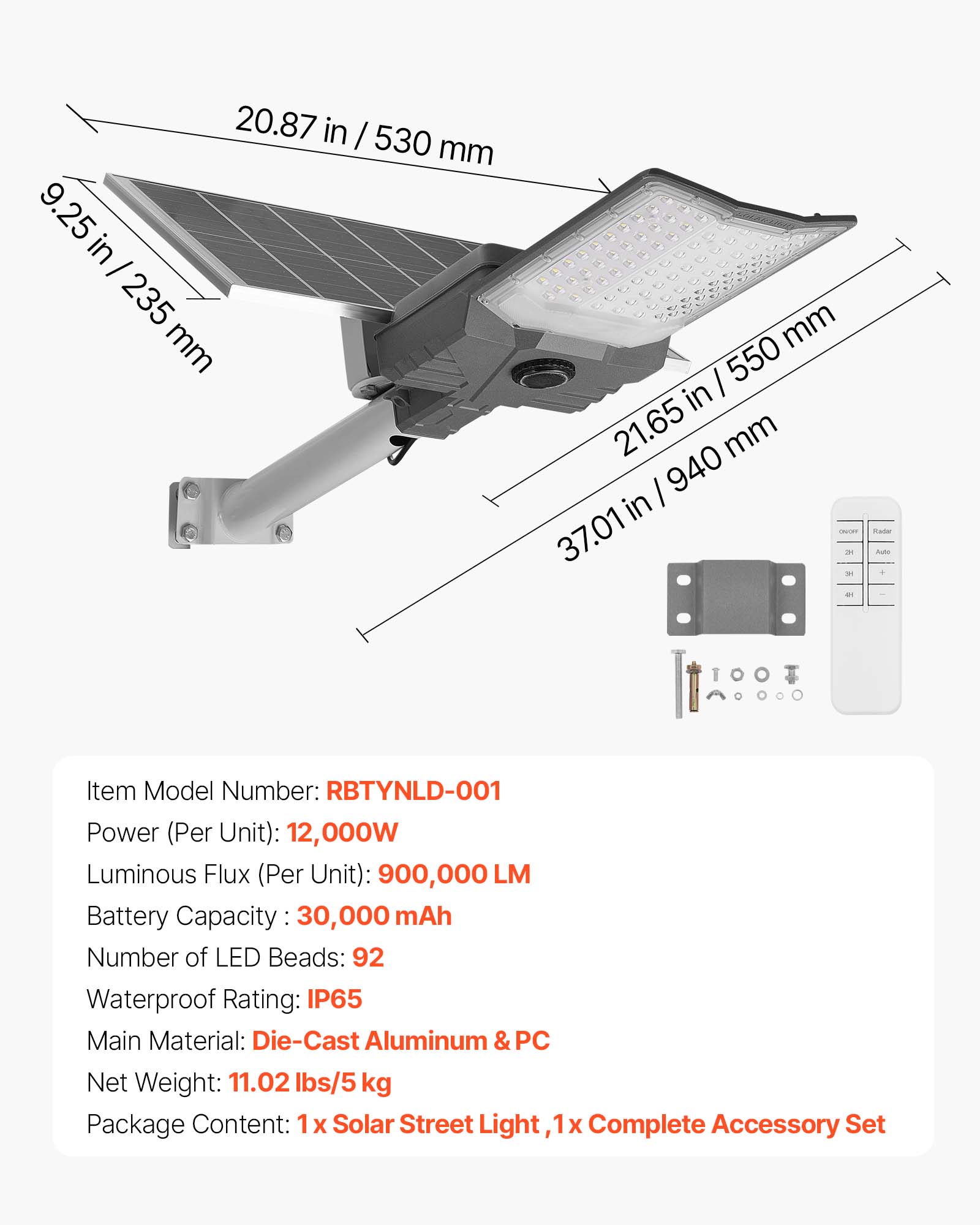 VEVOR 12000W Solar Street Light Outdoor, 900000LM, High Powered Commercial Parking Lot Light Dusk to Dawn, Split Type LED Flood Security Lamp with RF Remote Control, IP65 Waterproof,for Driveway Yard