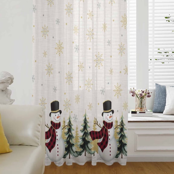 Christmas Snowman Semi Sheer Curtains Drapes for Living Room, Bedroom, French Doors Window 96 Inches Long, Golden Winter Snowflake Xmas Beige Rod Pocket Chiffon Curtain Drapery Voile Draperies Panel