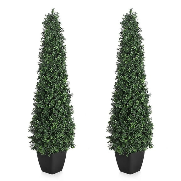 Artificial Boxwood Topiary Trees - Cone Shape Fake Plant with Modern Black Planter, 5FT Faux Outdoor Plants for Indoor Front Porch Plants Set of 2