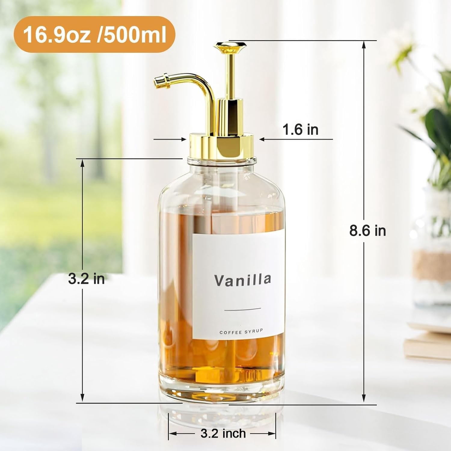 Glass Coffee Syrup Dispenser, 16.9oz Glass Syrup Bottles Set of 4, Coffee Bar Accessories with Labels and Funnel&Pump for Kitchen Coffee Bar Accessories, Gold