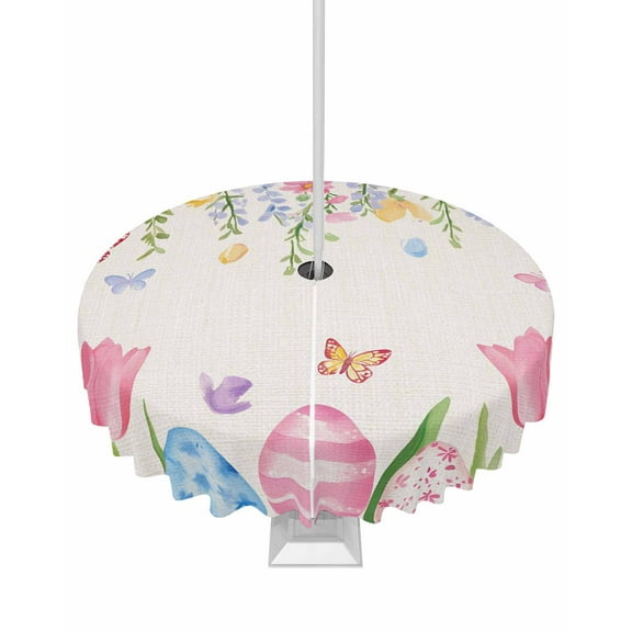 nqOlkjepod Spring Floral Easter Outdoor Tablecloth with Umbrella Hole & Zipper, Pastoral Tulip Flowers Rustic Round Table Cover 60 Inch, Dining Waterproof Table Cloth Protector for Patio/Party