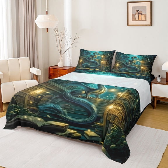Feelyou Moon Library Dragon Bed Sheets for Men Boys, Mystic Woodland Animal King Sheets, Green, 4pcs