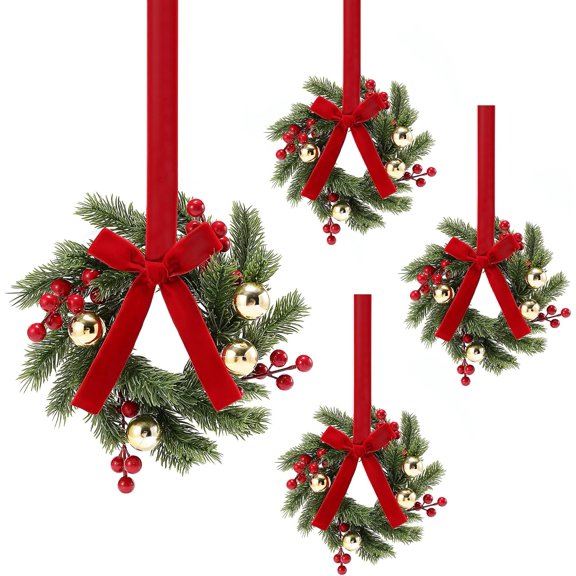 4PCS 9''Mini Christmas Wreaths, with Ribbon Bows, Red Berry & Gold Ball, Small Wreath Hanging for Wall Farmhouse Window Front Door Xmas Decor