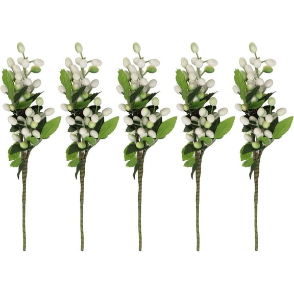 5Pcs Artificial Berries, Green Artificial Berry Stems, Lifelike Fake Berries Artificial, for Wedding DIY Bridal Bouquet Home Kitchen Party Decoration. (White)