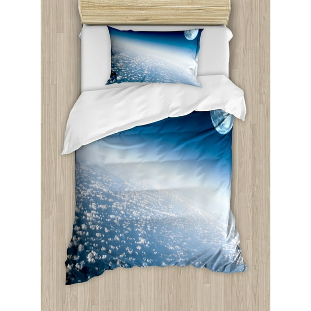 Space Twin Size Duvet Cover Set Aerial Atmosphere View Of The Planet Earth With Moon Satellite