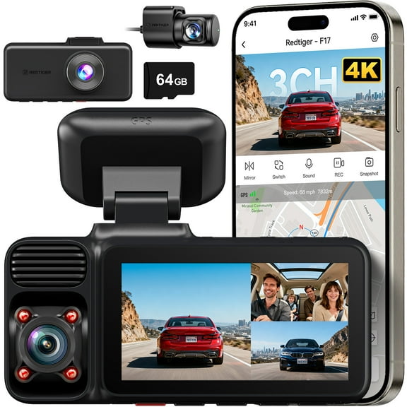 REDTIGER 3 Channel Dash Cam Front and Rear, Dash Camera with 5G WiFi GPS, IR Night Vision, Free 64GB Card, 24H Parking Mode, Vehicle