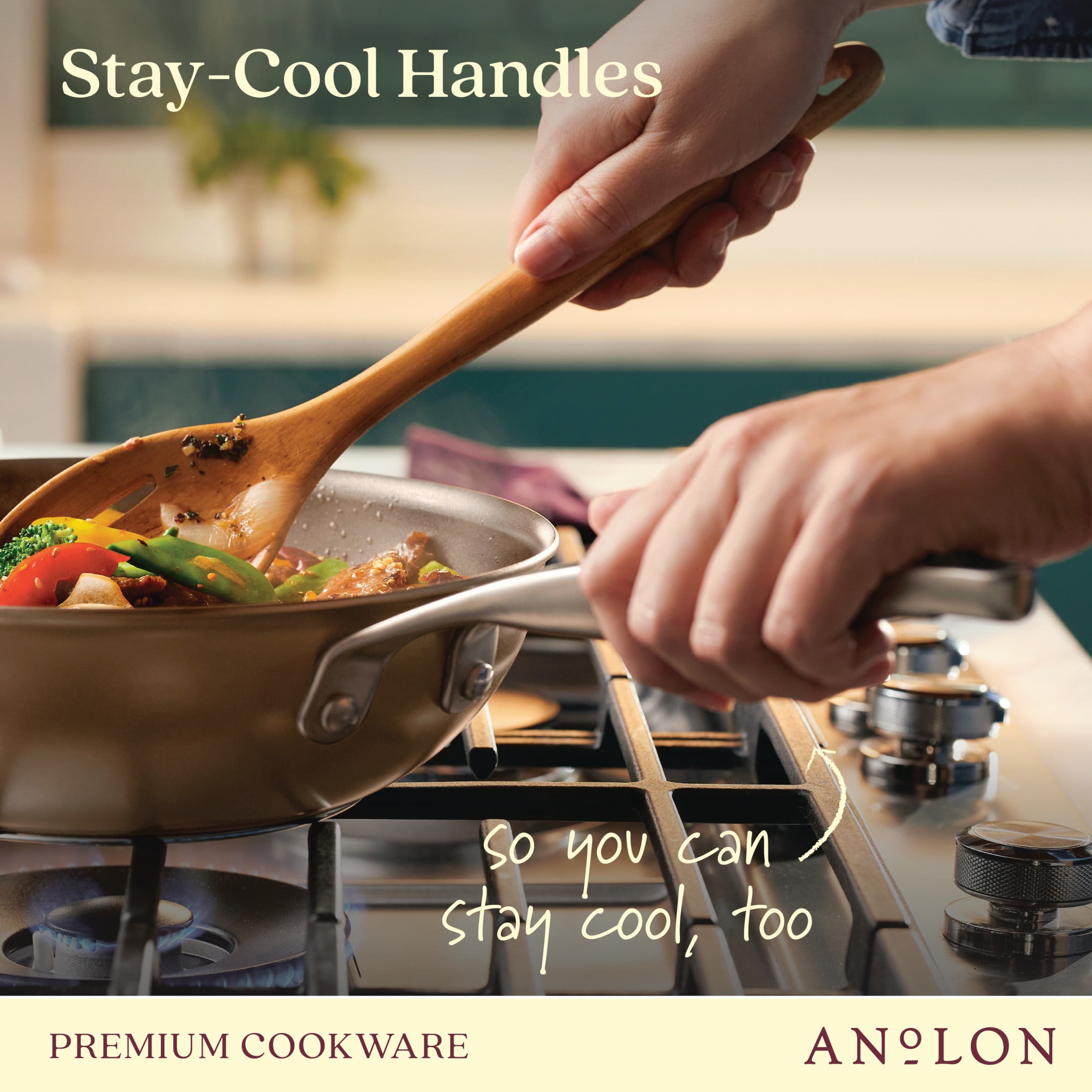Anolon Advanced Hard Anodized Nonstick Stir Fry Wok Pan with Lid, 14 Inch,  Bronze Brown
