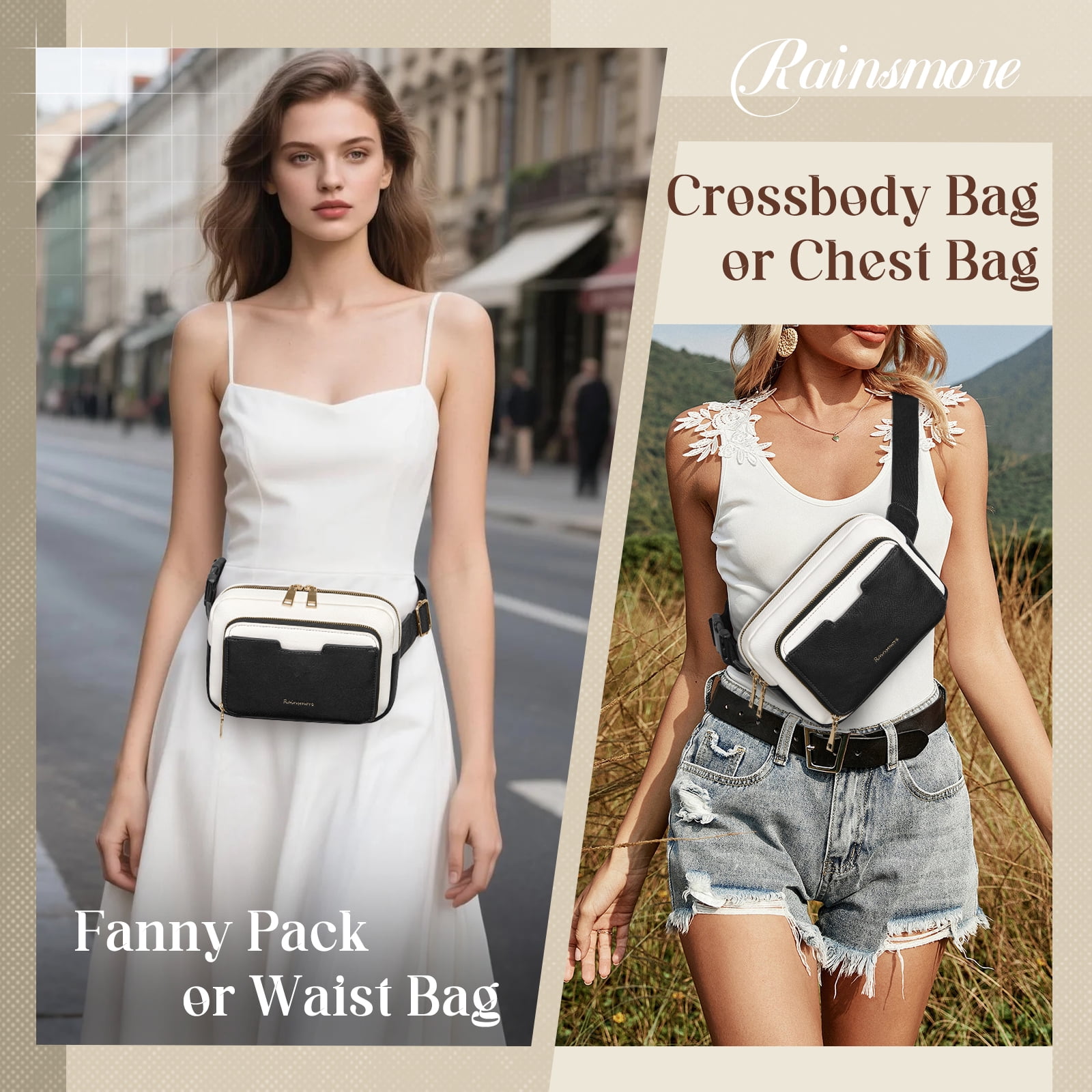 RAINSMORE Fanny Packs for Women, Leather Belt Bag Waterproof Everywhere Crossbody Waist Pack with Adjustable Strap Retro Sling Chest Bag for Work Running Travel Party,Black&White