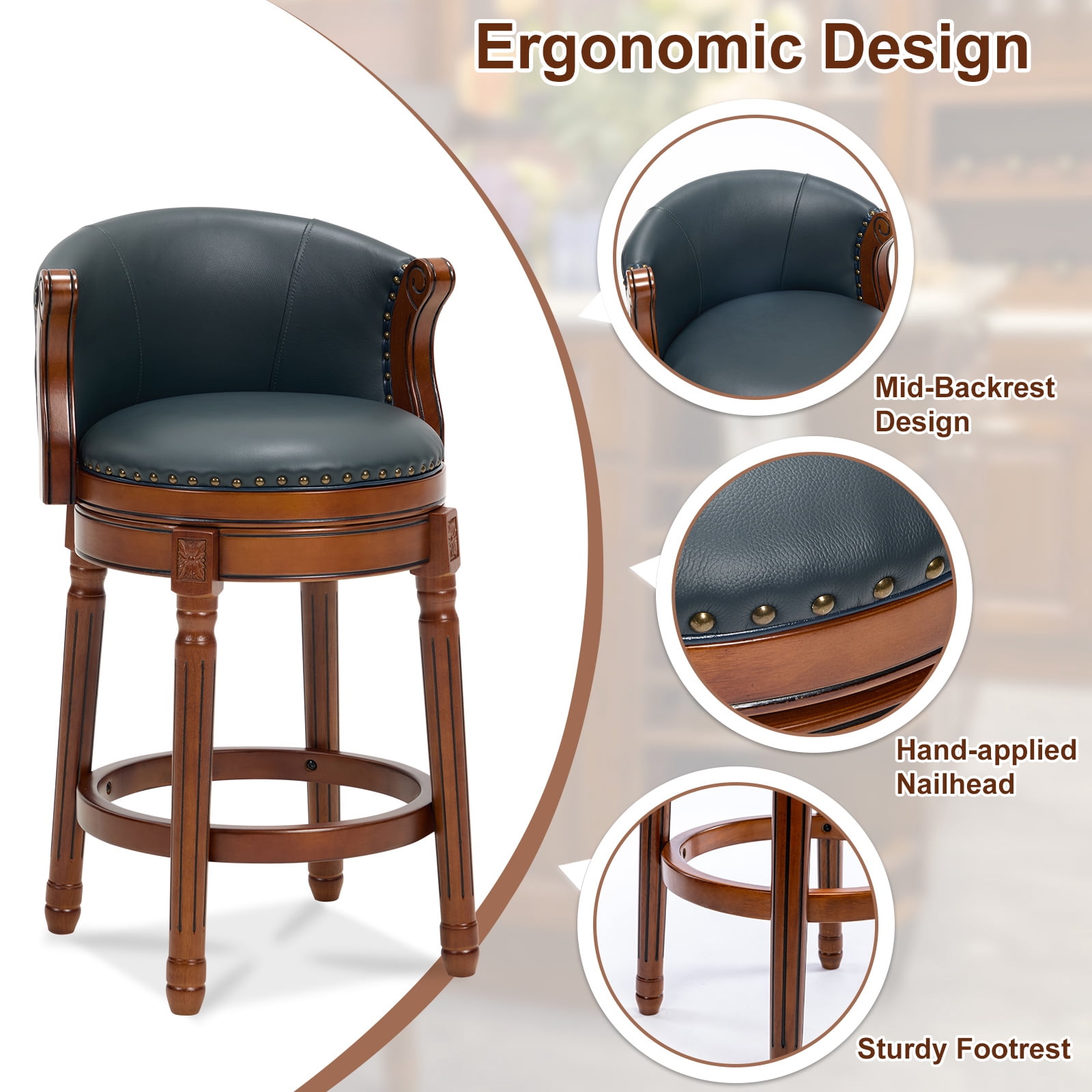 Aulife set of 2 Bar Stools Genuine Leather Counter Height barstool Wooden Swivel kitchen Stool with Footrest for Kitchen Dining Room Navy