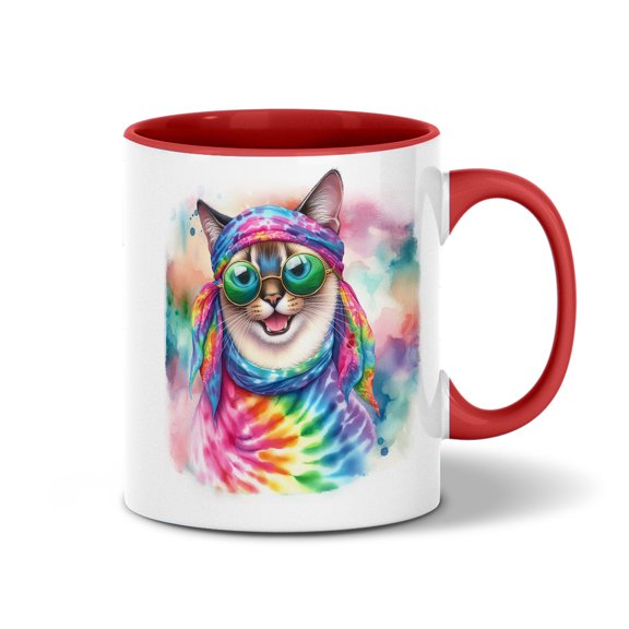 Hippie Siamese Portrait Watercolor Tie-Dye Vintage Styles 11oz Accent Two-tone Mug Cat Lover Kitten Owner Gifts Coffee Tea Cup - 00014