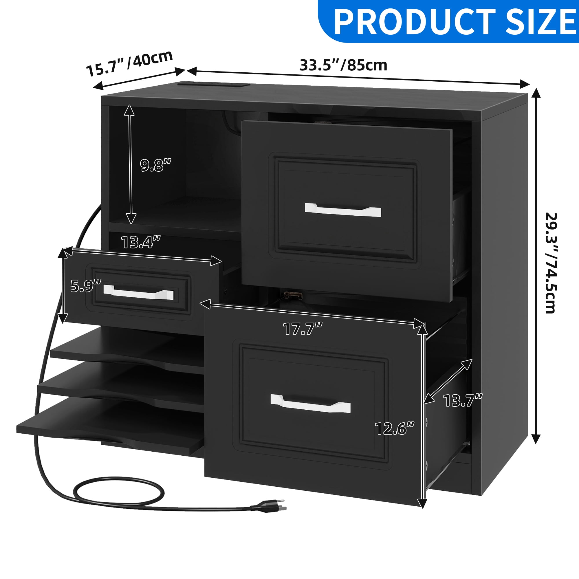Uforic Wood File Cabinet with Charging Statio , 3 DrawerFiling Cabinet Fits for A4, Letter, Legal Size, Printer Stand with Storage Shelf for Home Office, Black