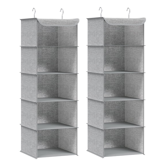 Set of 2 Foldable Closet Hanging Shelves, Space-Saving Storage Organisers with Metal Hooks, Bamboo Inserts, for Bedroom, Linen Pattern, Grey