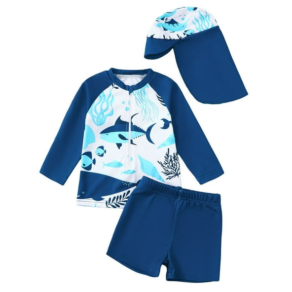 Toddler Boys Swimsuit Swim Set Print Swim Trunks Rash Guard Swim Cap 3 Piece Beach Pool Vacation Summer Swimwear Size 12-18 Months