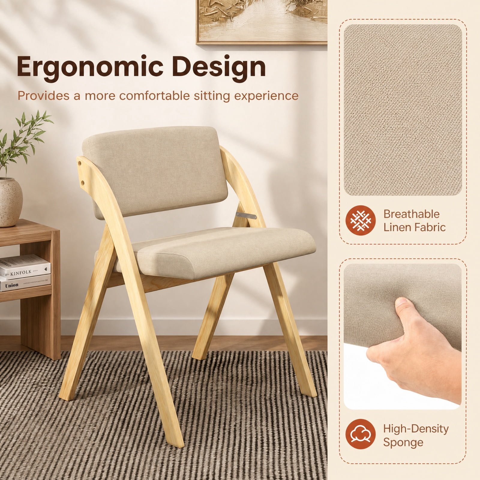 Furnibear Folding Kitchen Dining Chairs Set of 2 with Padded Seat and Rubber Wood Legs for Home