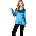 thumbnail image 7 of Women's Satin Long Sleeve V-Neck Blouse with Cuffed Sleeves - X Large, Teal, 7 of 7