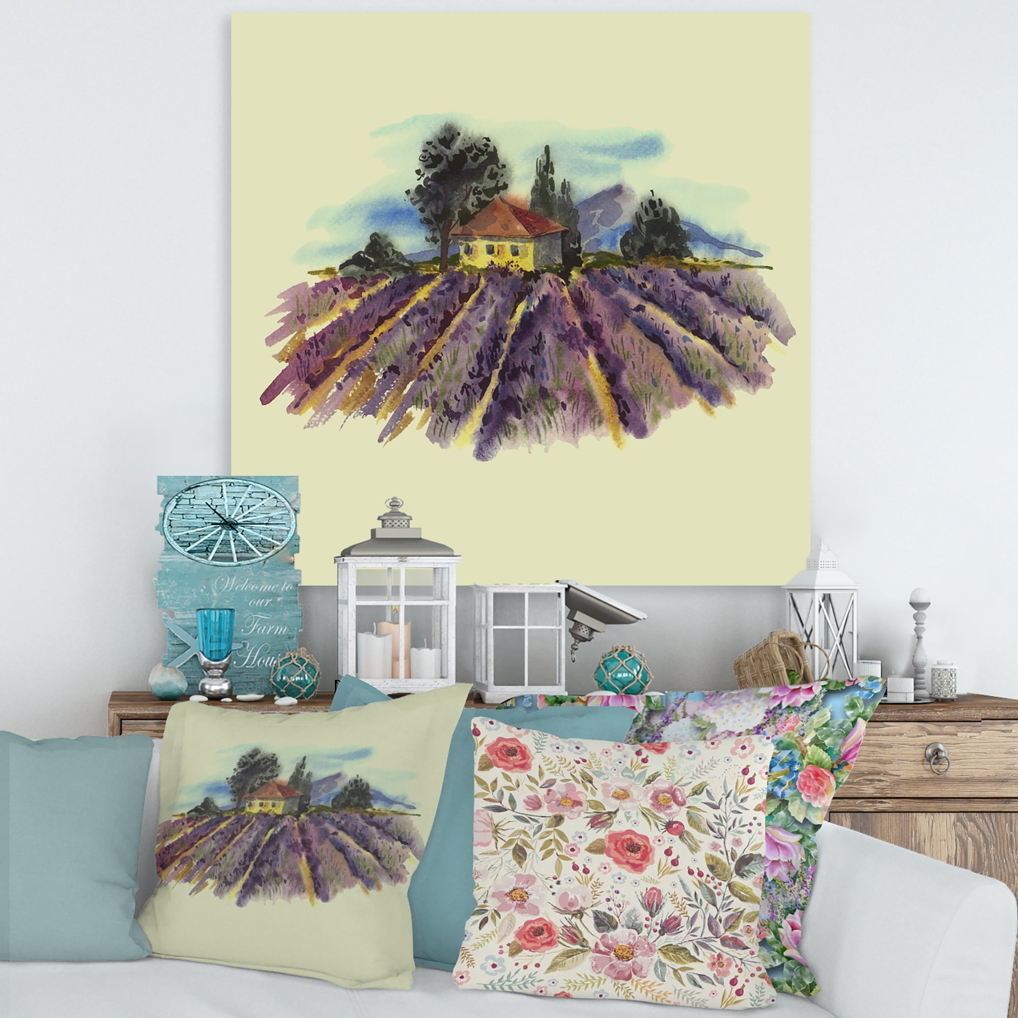 Designart ' Landscape With Blooming Lavender and Village House ' Traditional Canvas Wall Art Print