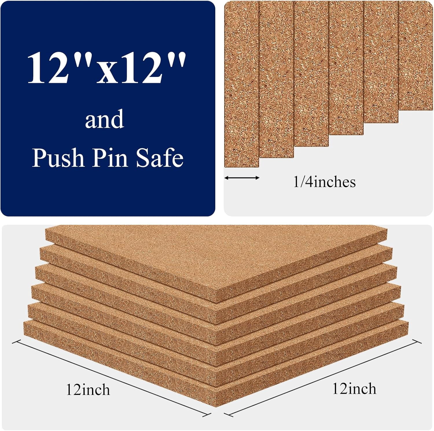 Cork Board 6 Pack 12 x 12 Self-Adhesive Corkboards for Wall Square Bulletin Board with 100 Push Pins Frameless Cork Tiles for Walls Home Office