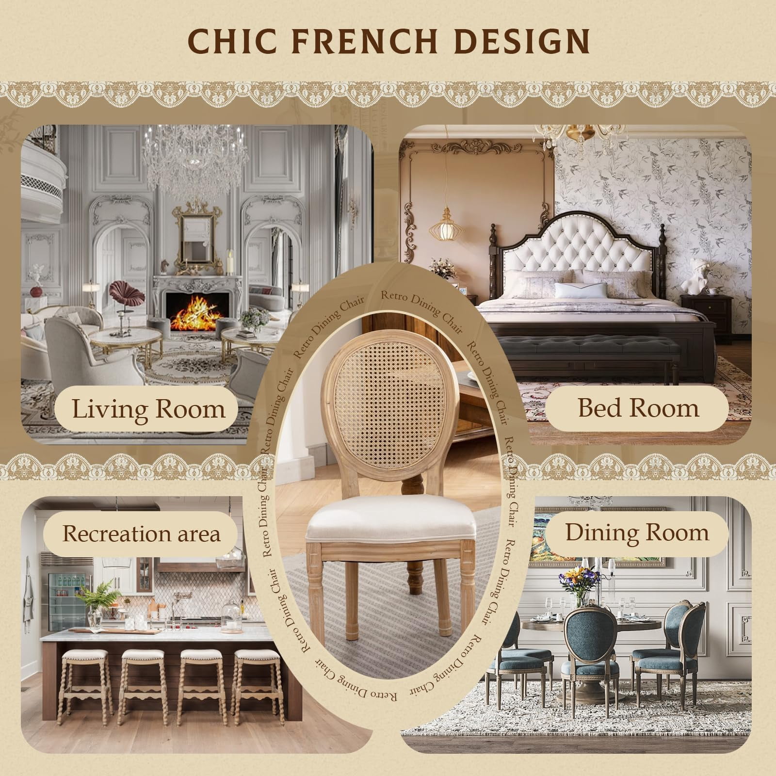 Dining Chairs Set of 2, Vintage Dining Chair with Round Back, Farmhouse Country Dining Chair for Kitchen, Bedroom, Hall