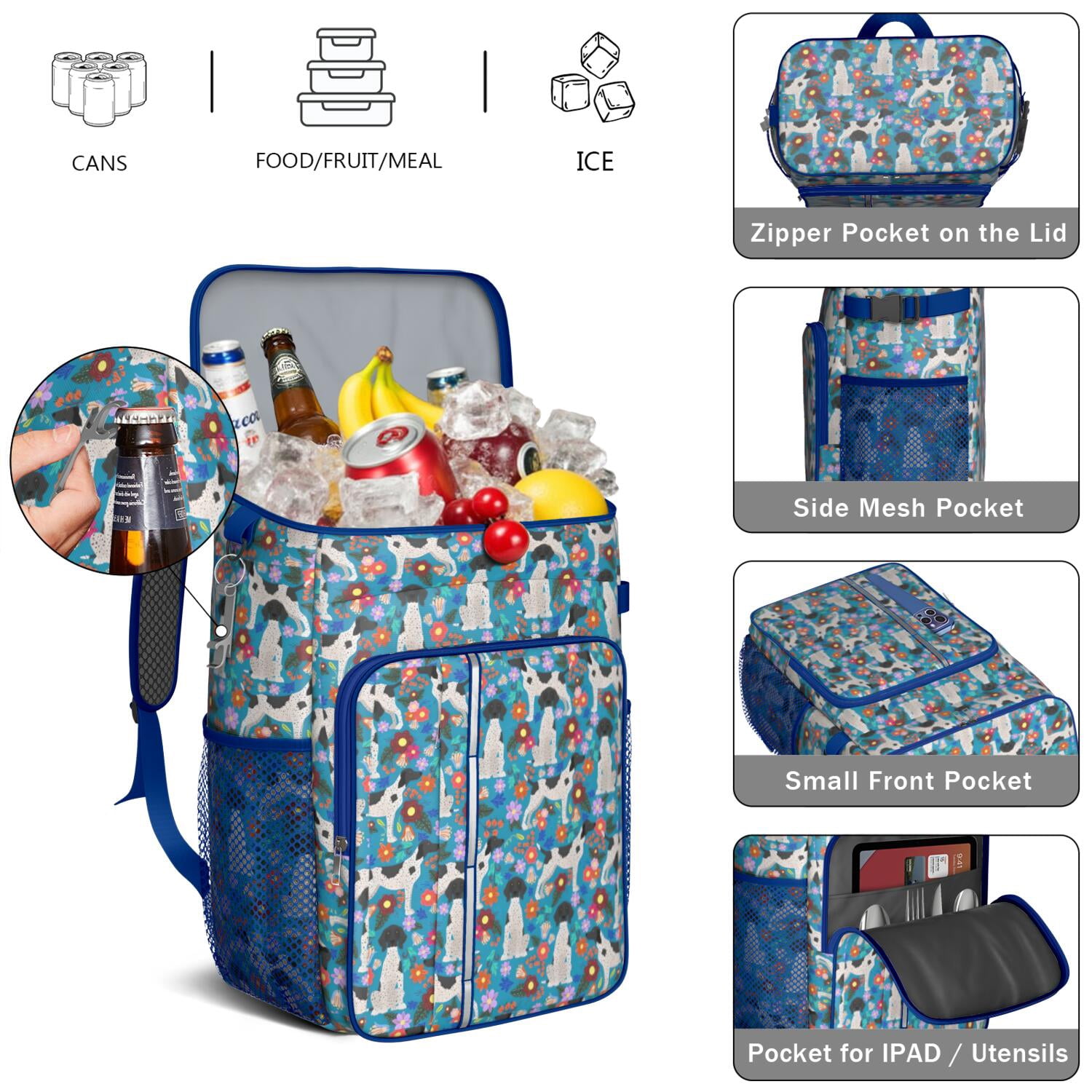 Travel Cooler Bag - Dog with Flowers Camping Beer Cooler Backpack with Bottle Opener- Waterproof Insulated Picnic Backpacks - Cooler Bag for Beach