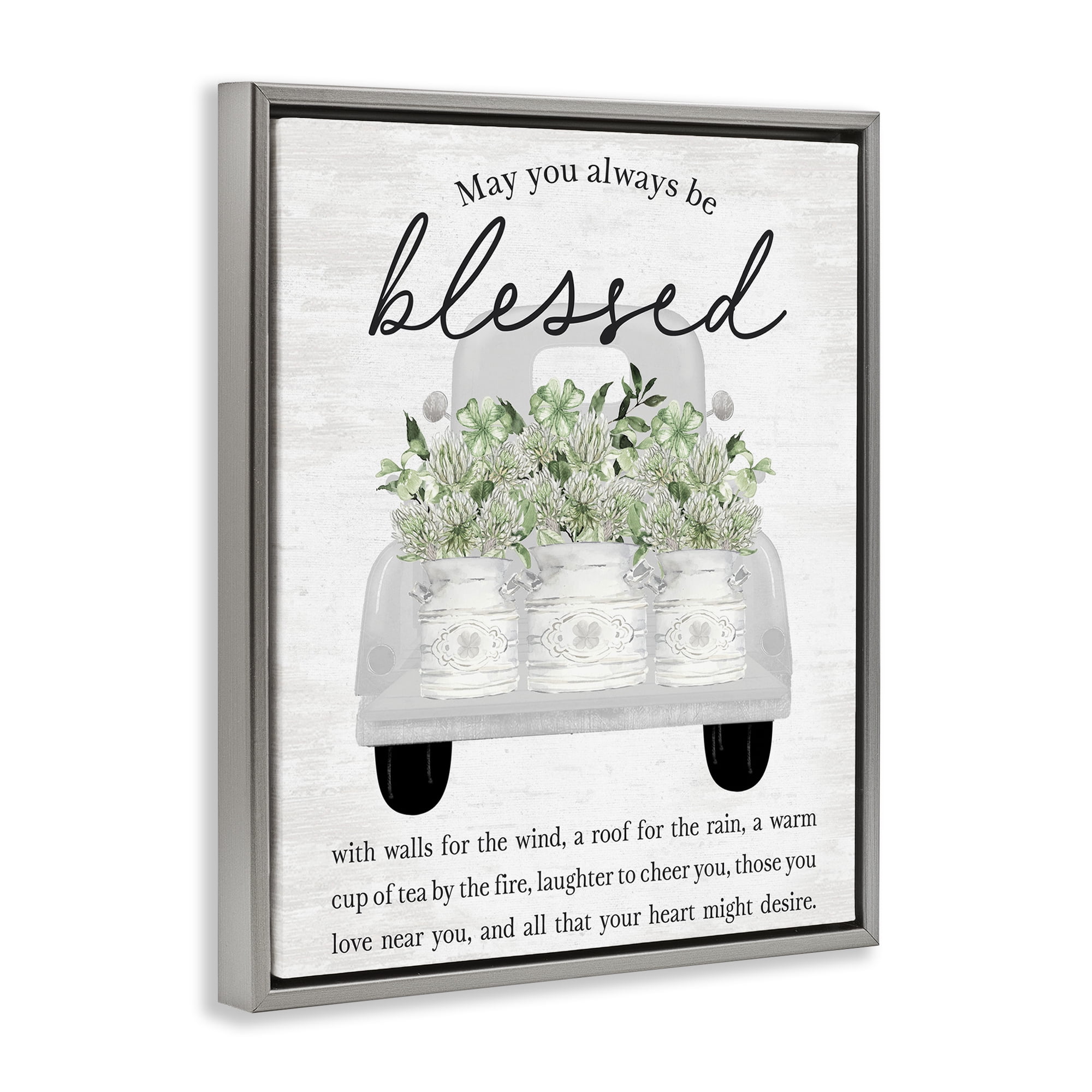 Stupell Industries Inspiring Blessed Phrase Botanical & Floral Painting Gray Floater Framed Canvas Art Print Wall Art, 17 x 21