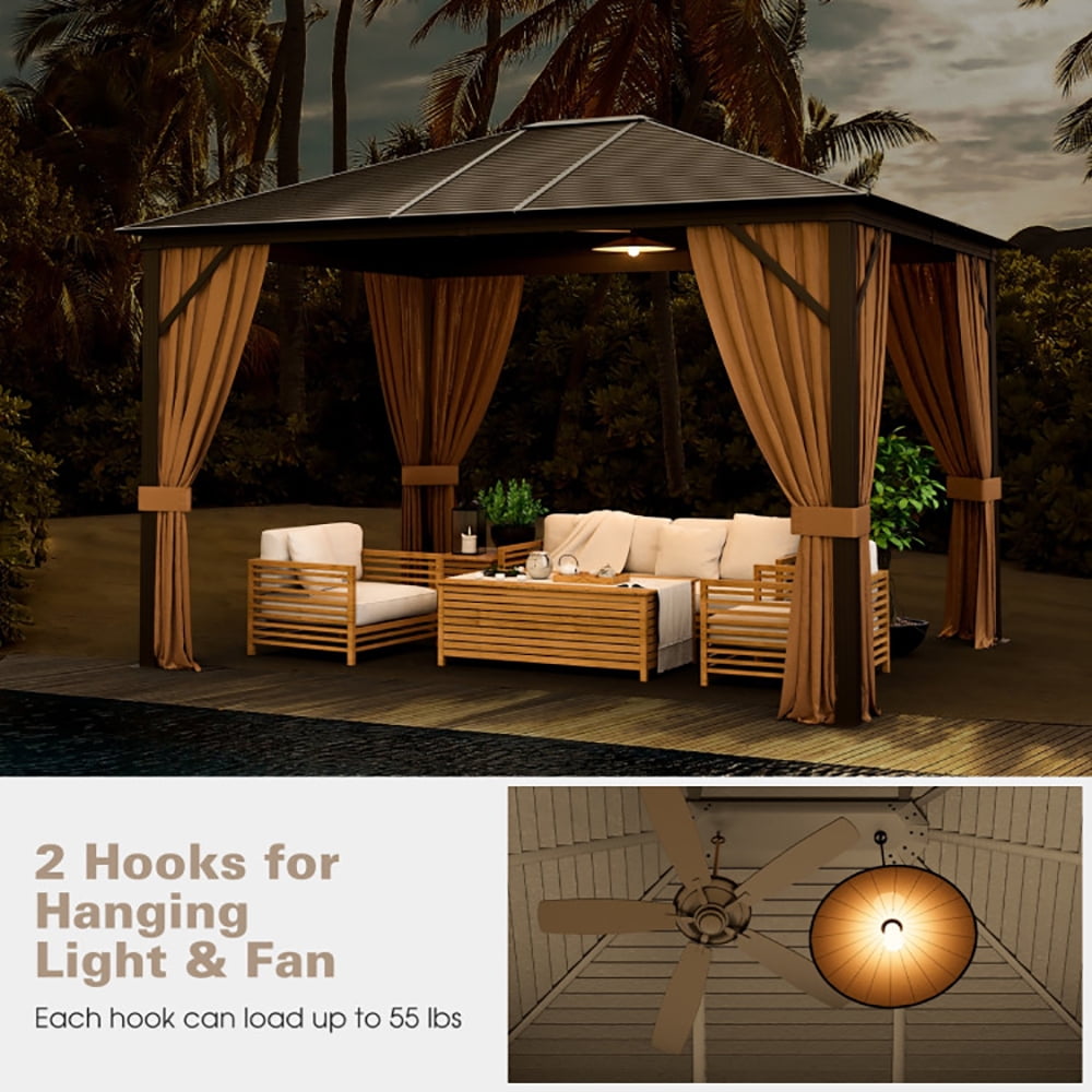 Aimee Lii 12 x10 Feet Outdoor Hardtop Gazebo with Galvanized Steel Top and Netting, Backyard Canopy Gazebo for Party Wedding BBQ Events, Brown