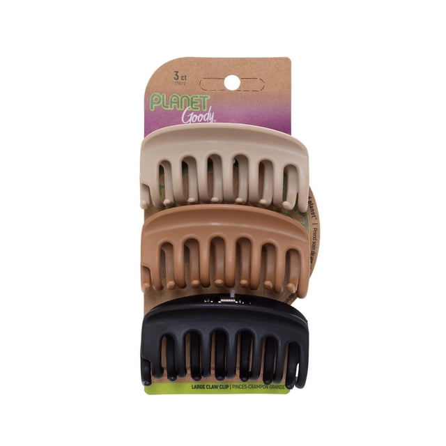 Set of three large rounded claw hair clips in beige, brown, and black on Goody Planet packaging