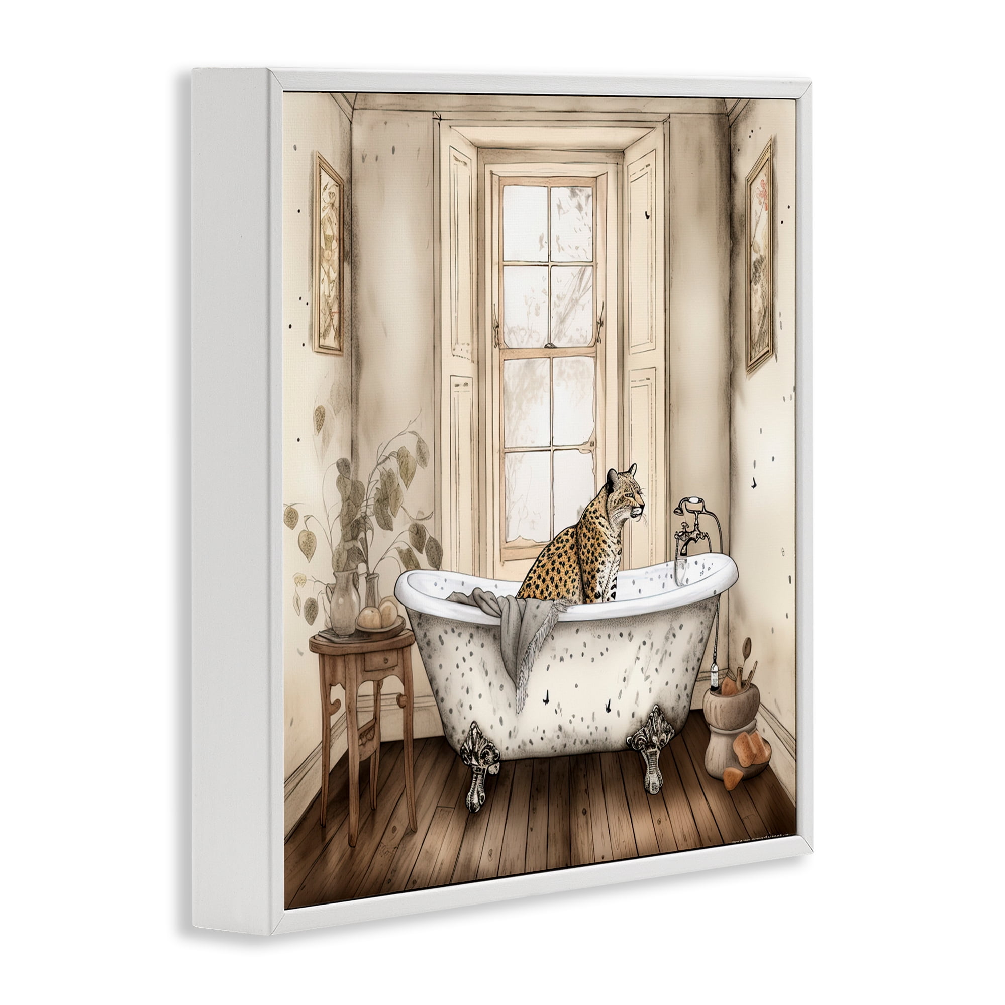 Neutral Leopard Bathtime White Framed Giclee Art, design by Sasha