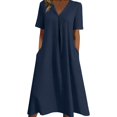 thumbnail image 2 of Taqqpue Women Linen Dress V Neck Short Sleeve Sundress Loose Fit Casual Beach Vacation A Line Dress Solid Color Plus Size Dresses with Pockets for Women, 2 of 7