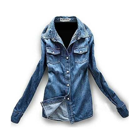 - Womens Double Pocket Button Down Blouse Long Sleeve Denim Slim Fit Jean Shirt