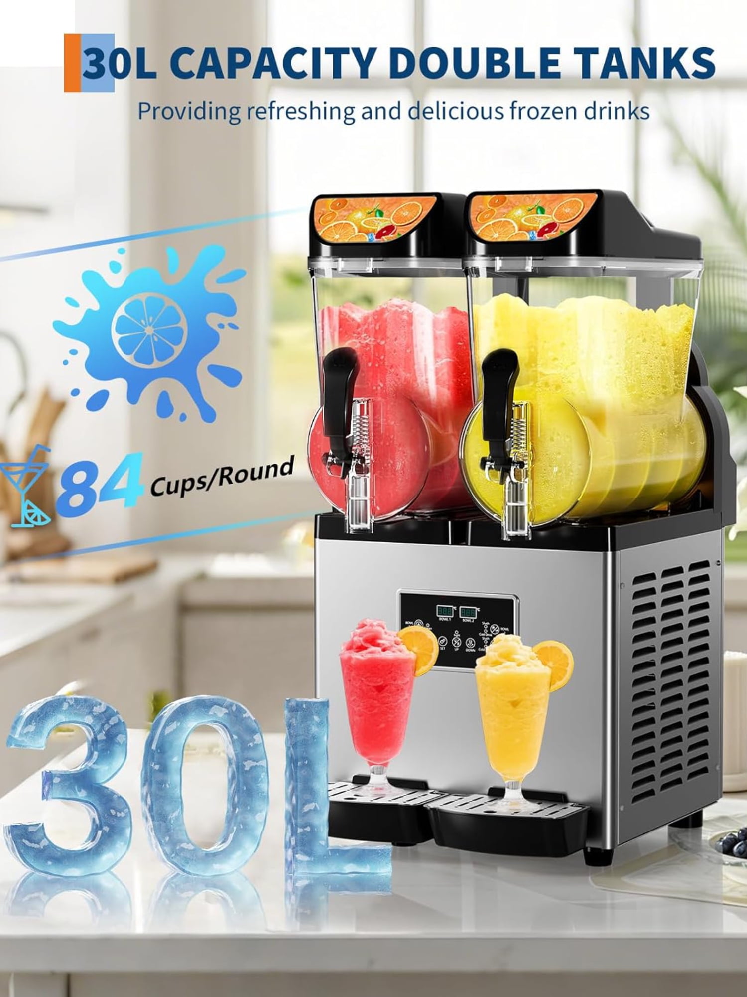 Garvee Commercial Slushy Machine with Self-Cleaning, 8Gal Frozen Drink Machine for Home, Restaurants, 900W, Black & Silver