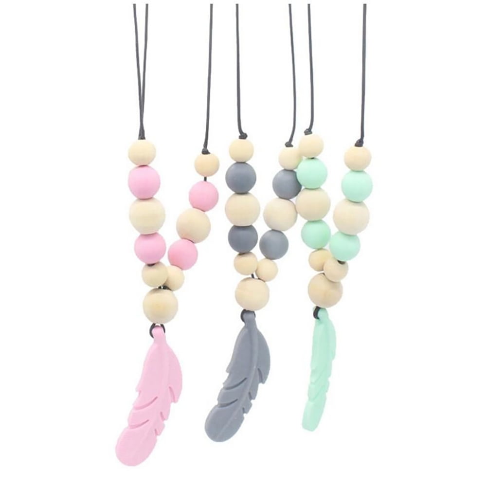 Silicone Baby Teether Teething Necklace Feather Pendant Nursing Chew Toy Gifts 