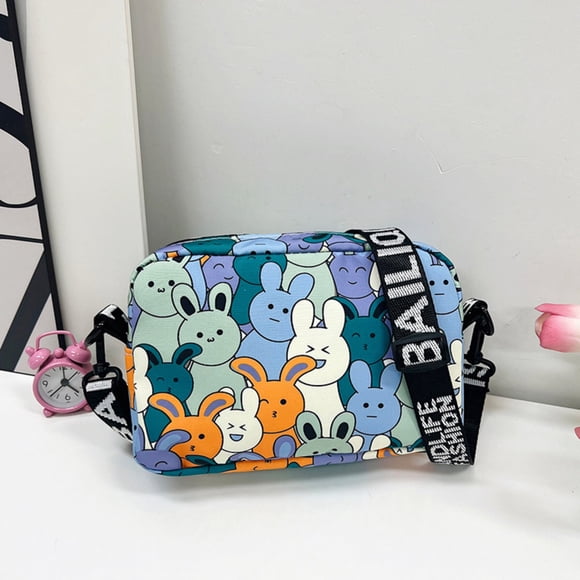 Mini Sac Bandoulière en Toile Oxford Bleue avec Sangle Ajustable - Petit Sac Carré à Épaule au Motif de Lapin Mignon, Largeur 20 cm x Hauteur 13 cm x Épaisseur 7 cm, Léger 0,1 kg pour Usage Quotidien