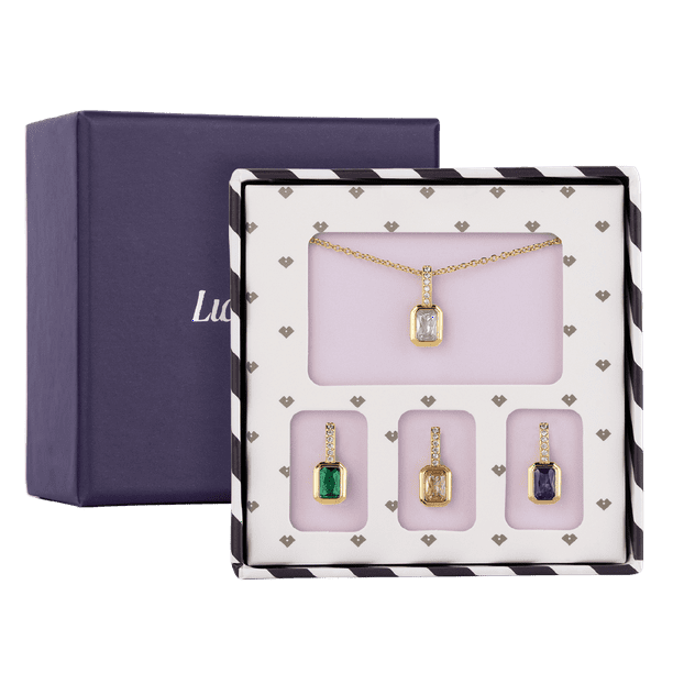 Set de Regalo para Mujer hasta 6 en 1, LuckyLy Kit de Collar y Dijes con Baño de Oro 14k, Perla y Zirconia Cúbica – Joyería ideal como Regalos para Mujer Navidad, San Valentín y Mamá dorado Rectángulo