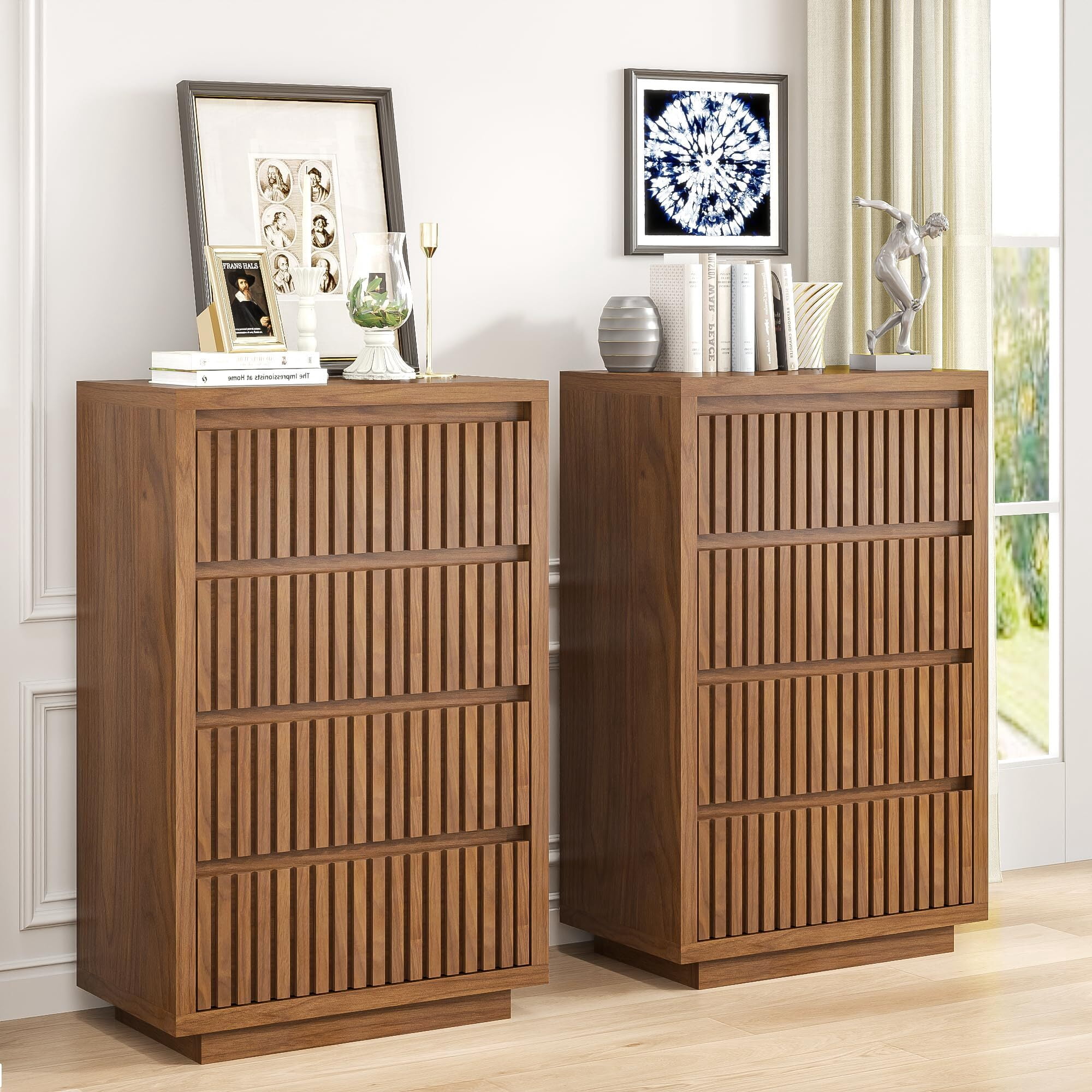 Fluted 4 Drawer Dresser, Mid Century Wood Chest for Bedroom, Modern Closet Clothes Storage Organizer, Walnut Brown Wooden Cabinet