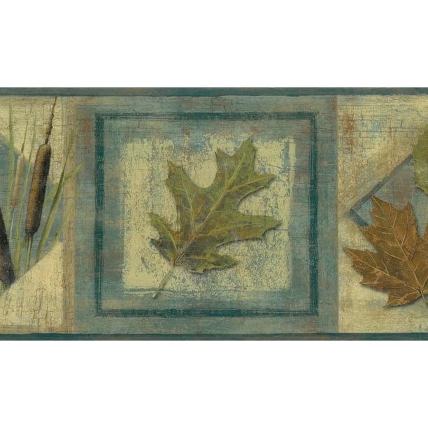 Prepasted Wallpaper Border - Nature Brown, Green, Blue Leaves, Pine