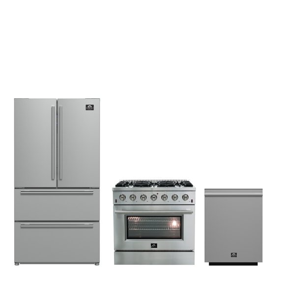 FORNO Premium 3-Piece Kitchen Bundle - Galiano 36" Gas Range, 36" French Door Refrigerator, 24" Built-In Dishwasher