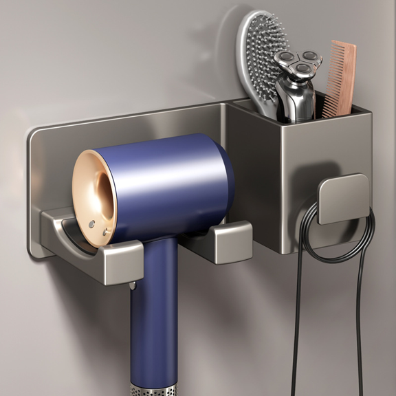 PLERISE Wall Mounted Hair Dryer Holder with Tool Organizer, Adhesive or Screw Mount for Bathroom, Mg-Al Alloy Gray