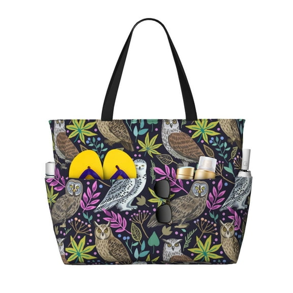 Large Beach Bags Water-resistant Sandproof - Leaves and Owls Cute Beach Tote Bags for Women with Zipper