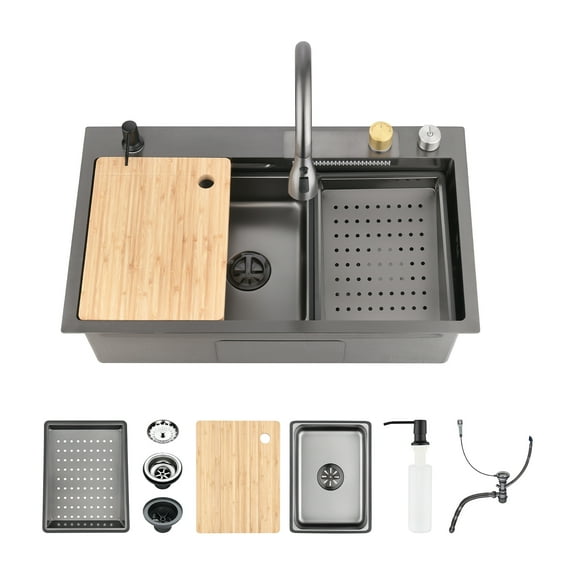 Cobbe Nano gray All-In-One 29.5 inches Stainless Steel, Multifunctional Drop-in Single bowl Sink 4-Hole Workstation Kitchen Sink Kit with Accessories