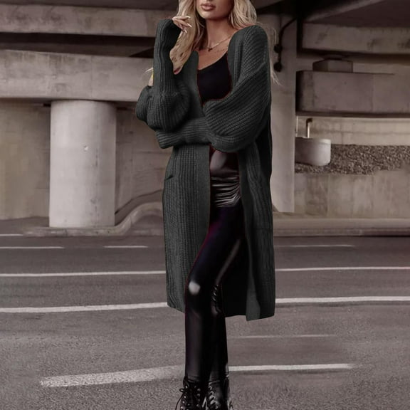 Sakmal Lightweight Chunky Cardigan Sweaters for Women Fall Winter Open Front Plus Size Duster Cardigan Black Long Sweater with Pockets