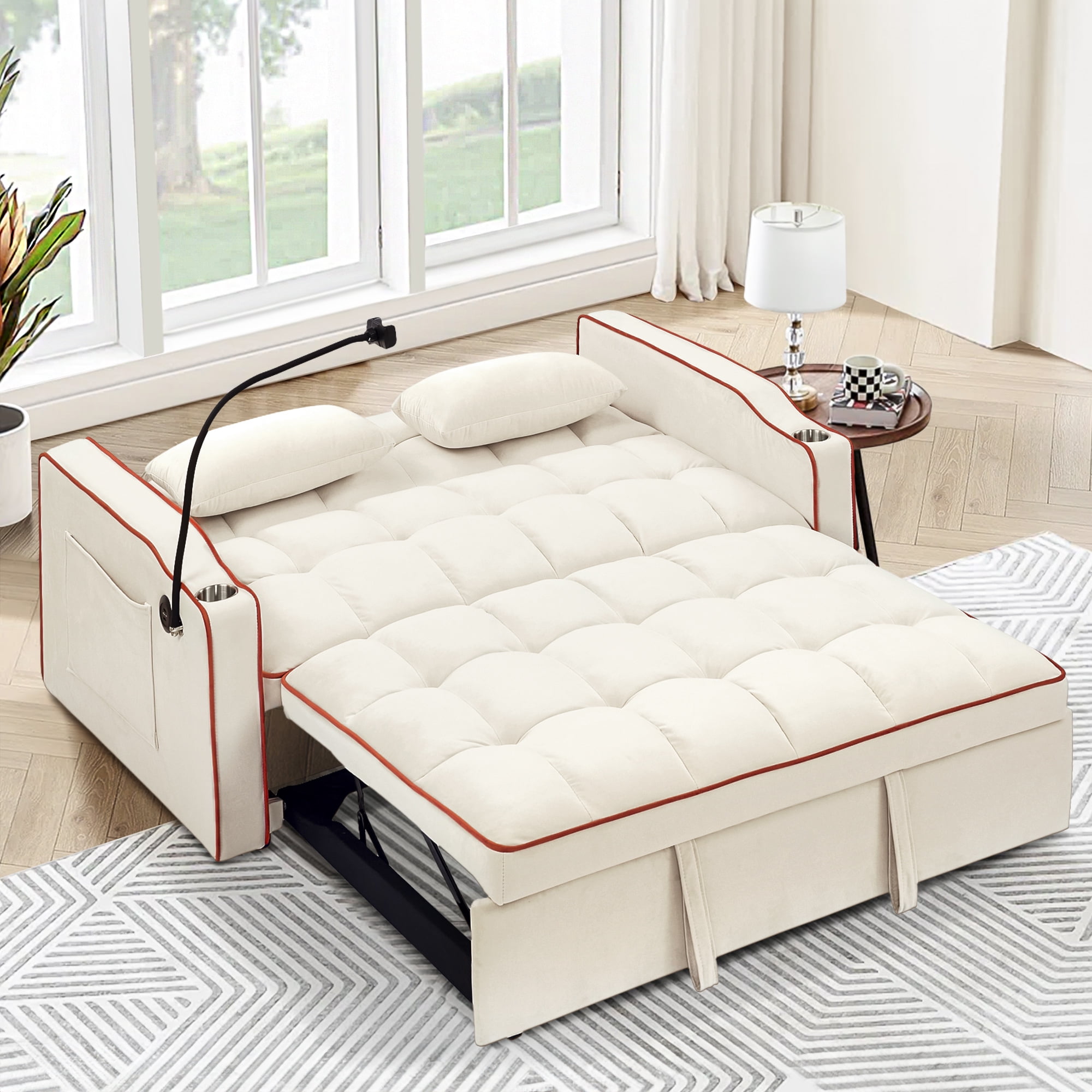 Dinosisco 3-in-1 Convertible Futon Sofa Bed, Loveseat Sleeper with Phone Stand, USB, Beige Velvet