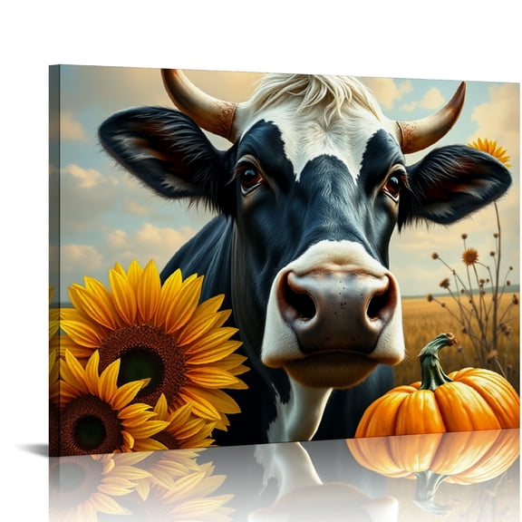RKSupls Holstein Cow Sunflower Pumpkin Canvas Wall Art, Rustic Farm Fall Wall Decor Print, Modern Artwork for Living Room Bedroom Office Home Decor,16x12in