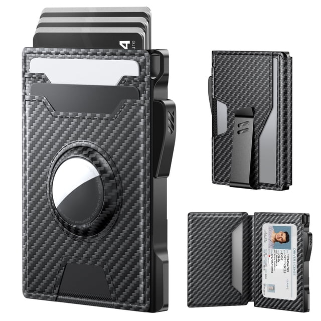 Cartera tipo billetera para hombre con AirTag, bloqueo RFID, cuero y fibra de carbono