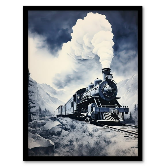 Steam Train Ride Through Mountain Valley Blue Art Print Framed Poster Wall Decor 12x16 inch