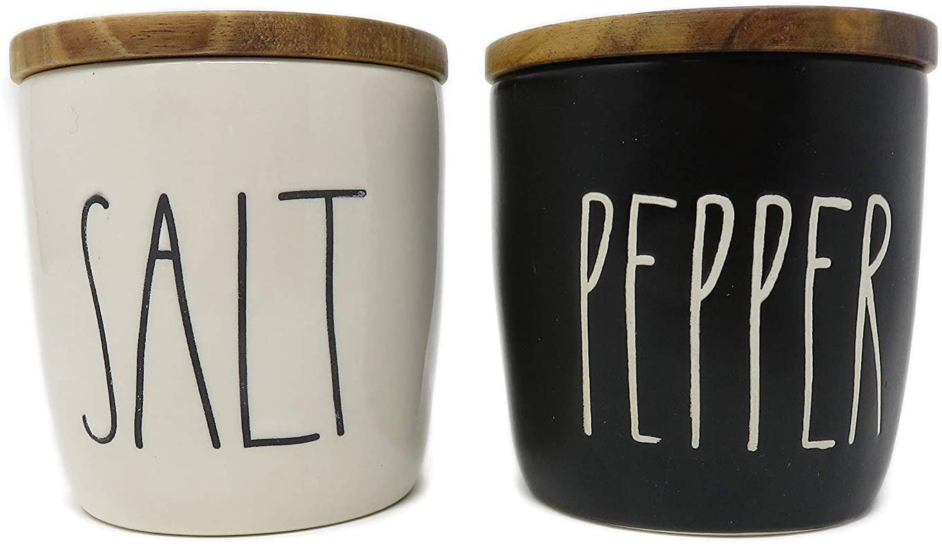 Rae Dunn by Magenta SALT & PEPPER Black & White Ceramic Cellars With Wood  Lids and Ceramic Tray