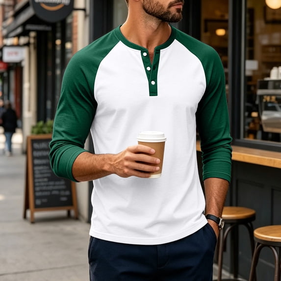 Evdexr Henley Shirts Mens 2026 Long Sleeve Raglan Tops Fall Vintage Sport Breathable Tees Buttons Loose Fit Color Block Casual T Shirts 3XL