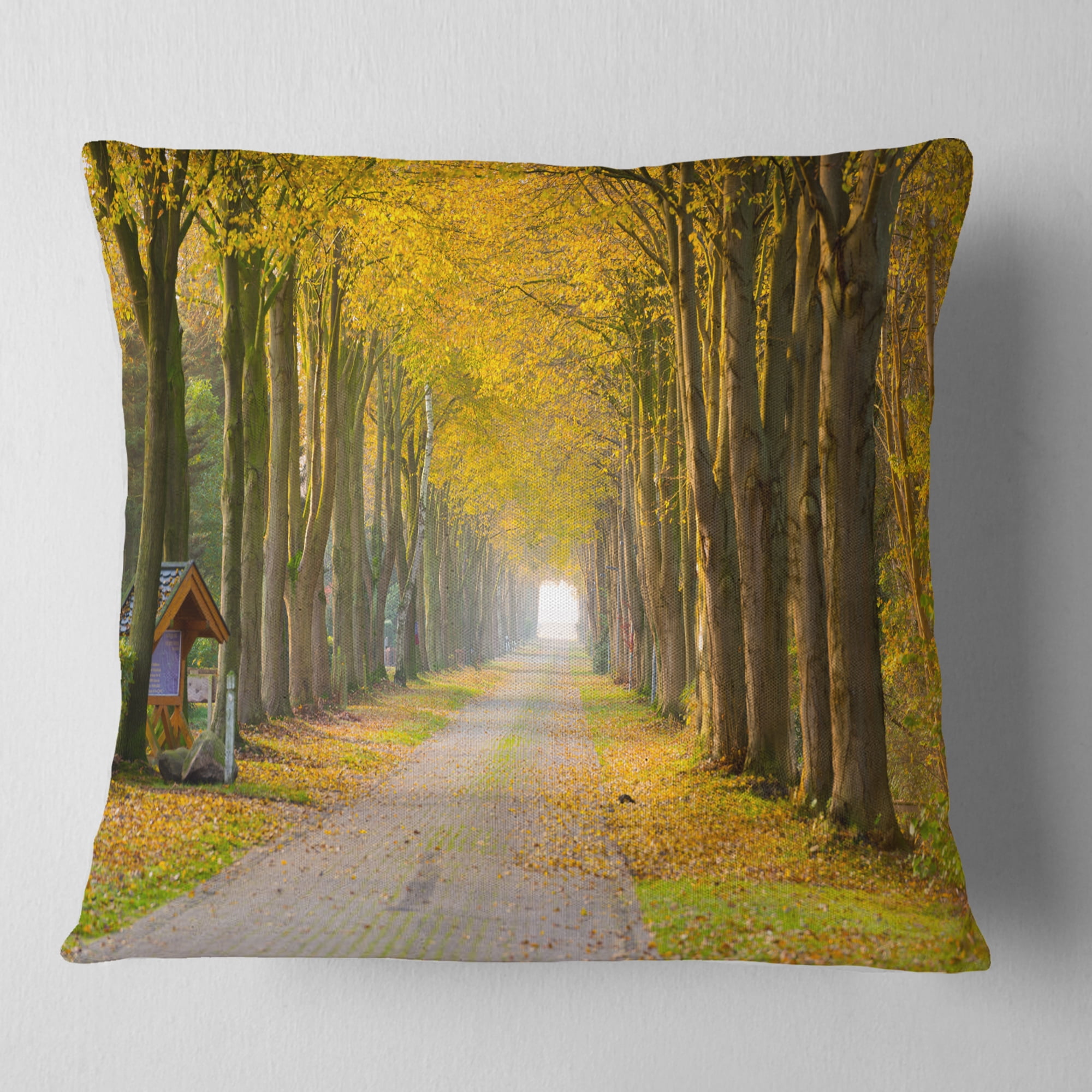 Designart Country Road Below Yellow Trees - Landscape Photography Throw Pillow - 18x18